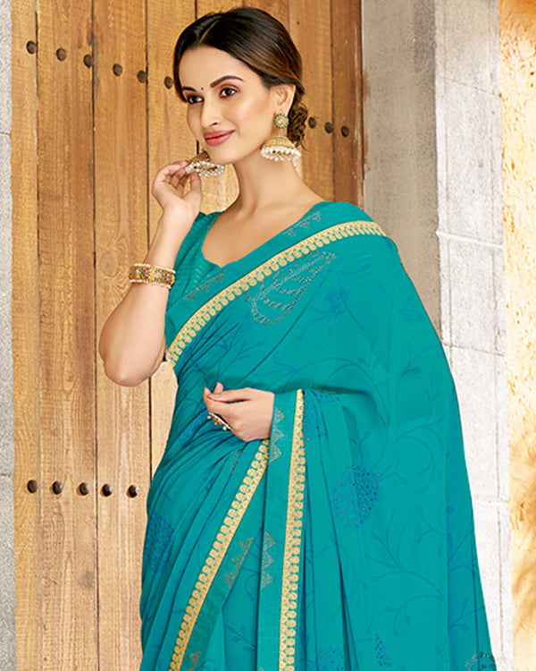 Vishal Prints Dark Turquoise Blue Printed Georgette Saree With Diamond Work And Fancy Border