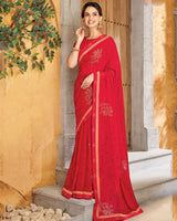 Vishal Prints Cherry Red Printed Georgette Saree With Diamond Work And Fancy Border