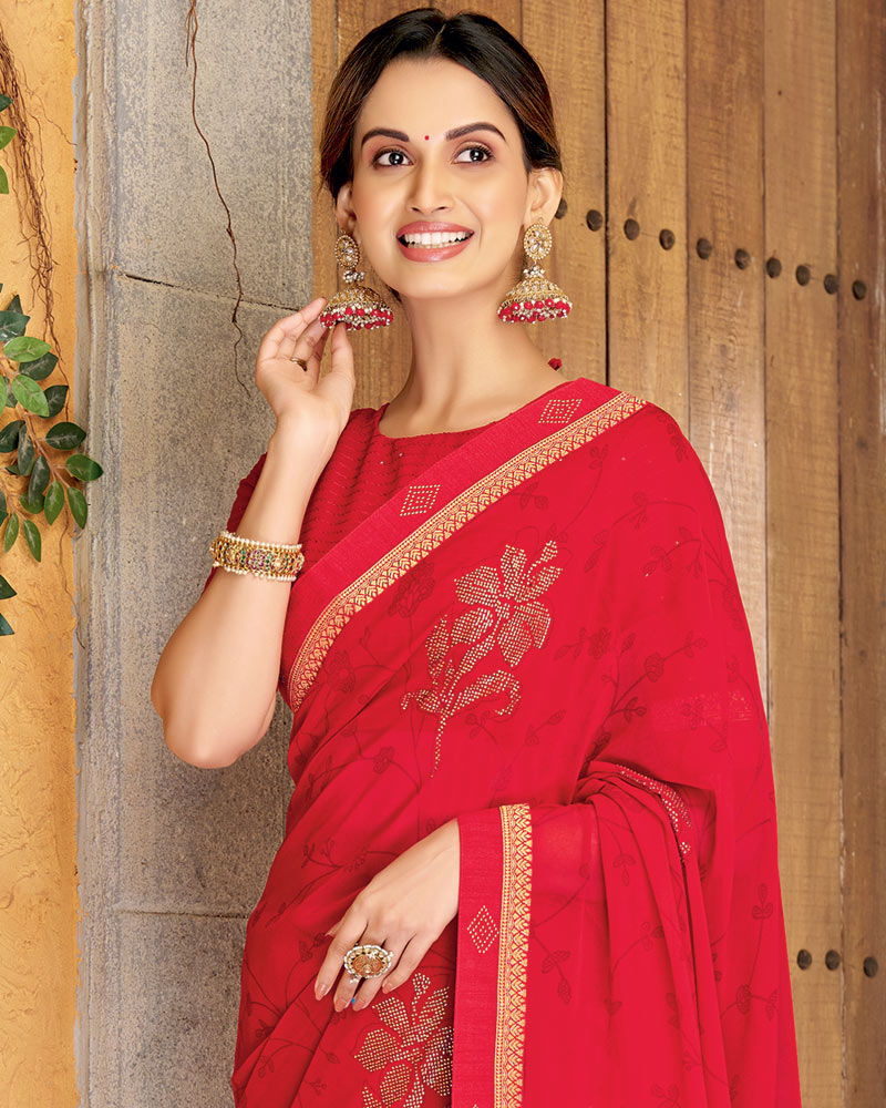 Vishal Prints Cherry Red Printed Georgette Saree With Diamond Work And Fancy Border