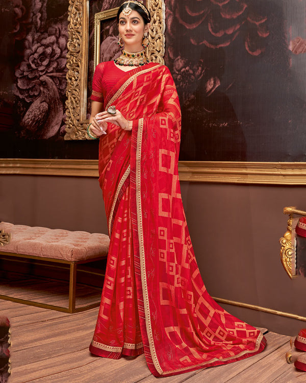 Vishal Prints Cherry Red Fancy Brasso Saree With Diamond Work And Border