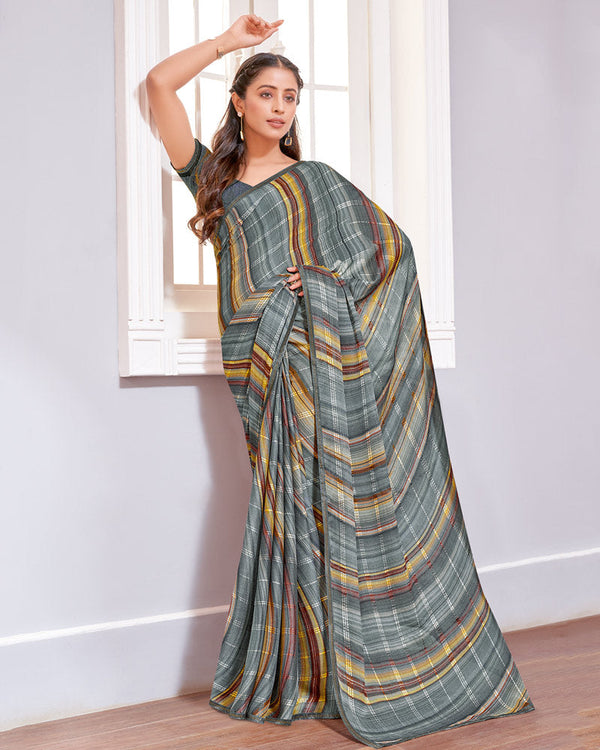 Vishal Prints Charcoal Grey Digital Print Patterned Brasso Saree With Diamond Piping