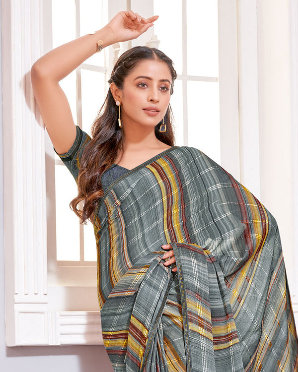 Vishal Prints Charcoal Grey Digital Print Patterned Brasso Saree With Diamond Piping