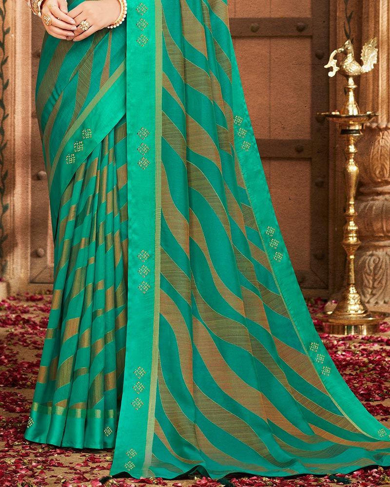 Vishal Prints Aqua Green Printed Silk Brasso Saree With Weaved Satin Patta And Diamond Work