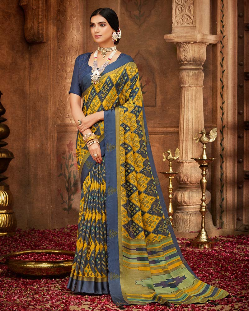 Vishal Prints Ink Blue Printed Silk Brasso Saree With Weaved Satin Patta And Diamond Work