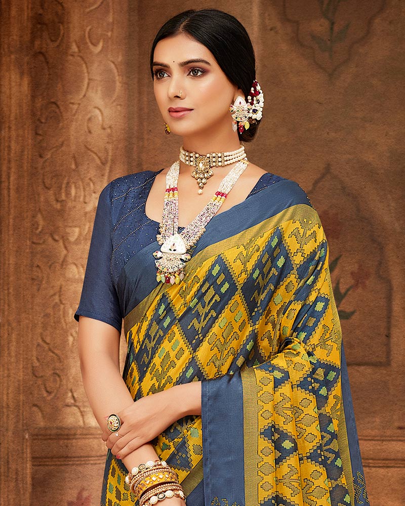 Vishal Prints Ink Blue Printed Silk Brasso Saree With Weaved Satin Patta And Diamond Work