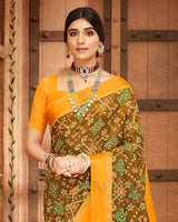 Vishal Prints Dark Mustard Printed Silk Brasso Saree With Weaved Satin Patta And Diamond Work