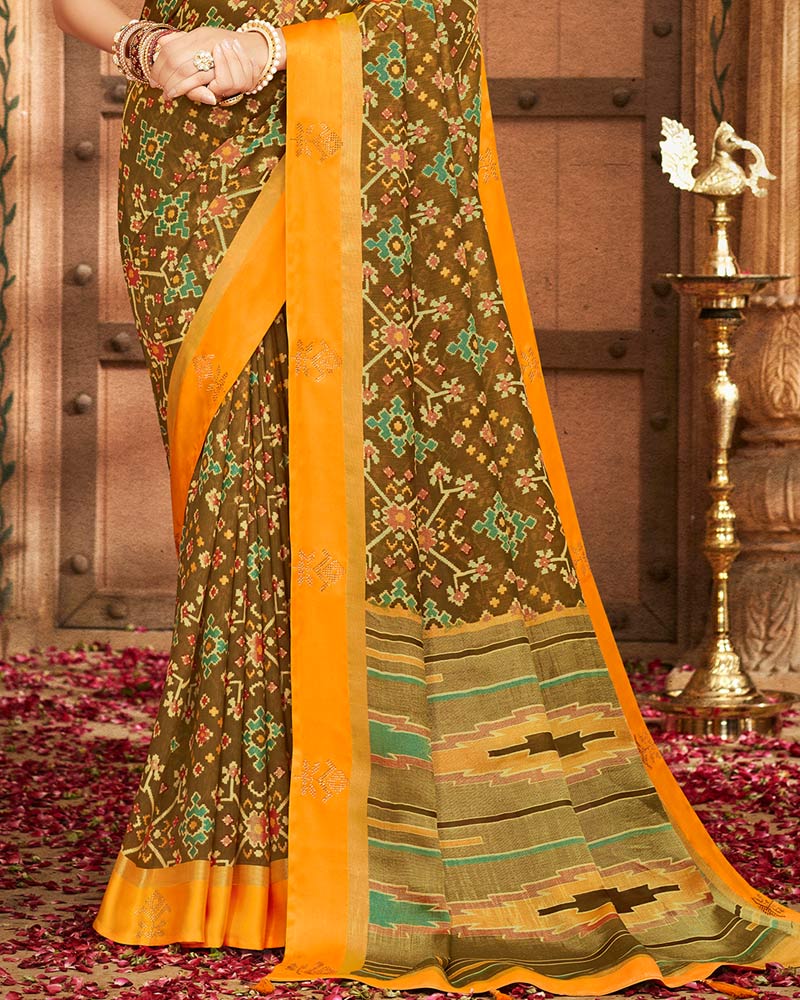 Vishal Prints Dark Mustard Printed Silk Brasso Saree With Weaved Satin Patta And Diamond Work