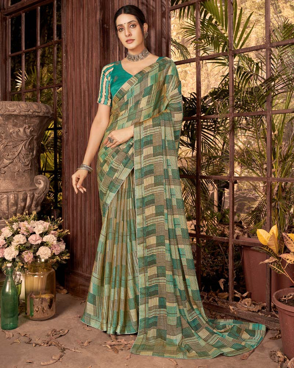 Vishal Prints Fawn Fancy Chiffon Digital Print Saree With Core Piping