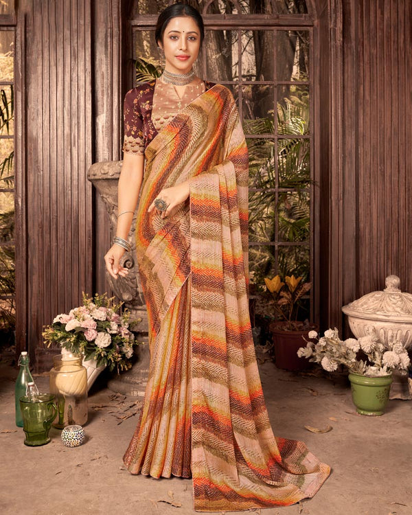 Vishal Prints Dark Peach Fancy Chiffon Digital Print Saree With Core Piping