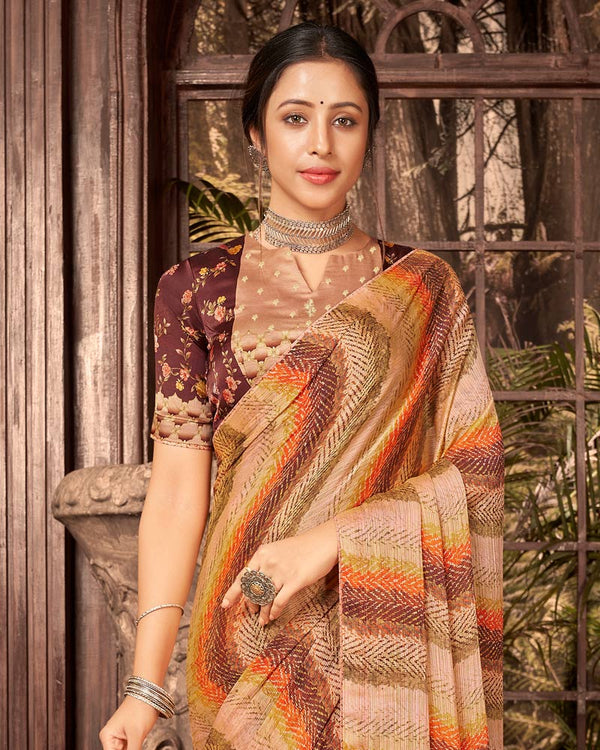 Vishal Prints Dark Peach Fancy Chiffon Digital Print Saree With Core Piping