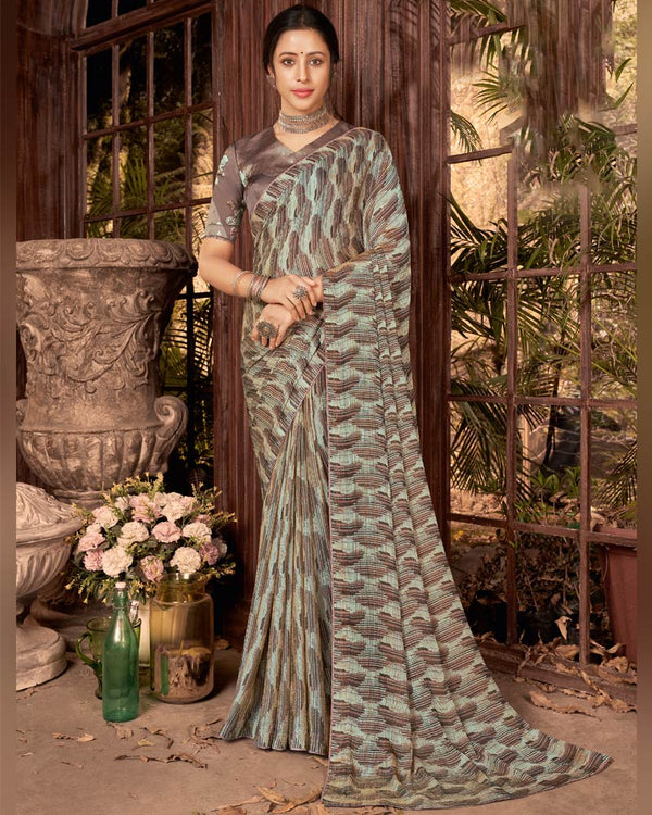 Vishal Prints Pastel Teal Green Fancy Chiffon Digital Print Saree With Core Piping