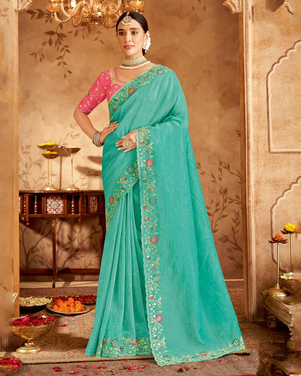 Vishal Prints Glacier Green Designer Crushed Tissue Saree With Embroidery-Diamond Work And Cut Work Border