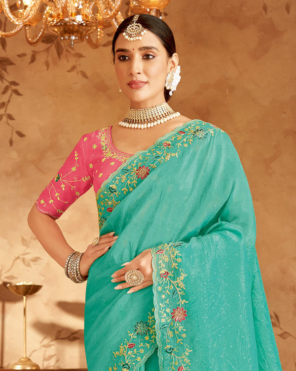 Vishal Prints Glacier Green Designer Crushed Tissue Saree With Embroidery-Diamond Work And Cut Work Border