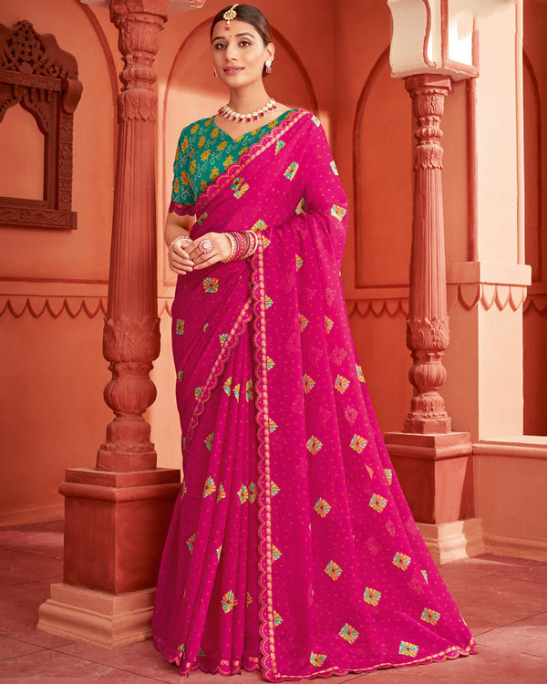 Vishal Prints Red Violet Printed Chiffon Bandhani Print Saree With Cut Work Border