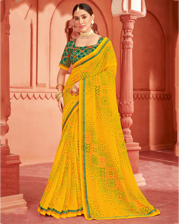 Vishal Prints Dark Yellow Printed Chiffon Bandhani Print Saree With Fancy Border