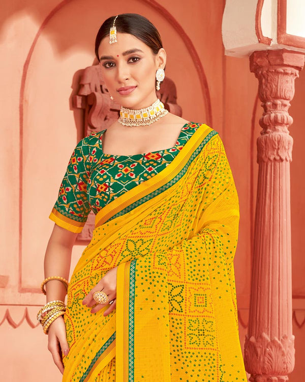 Vishal Prints Dark Yellow Printed Chiffon Bandhani Print Saree With Fancy Border