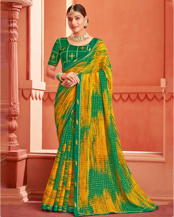 Vishal Prints Dark Green Printed Chiffon Bandhani Print Saree With Fancy Border