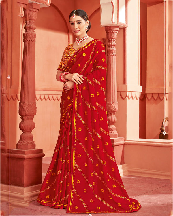 Vishal Prints Dark Red Printed Chiffon Bandhani Print Saree With Fancy Border