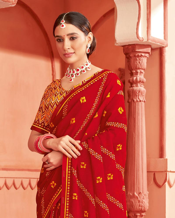 Vishal Prints Dark Red Printed Chiffon Bandhani Print Saree With Fancy Border