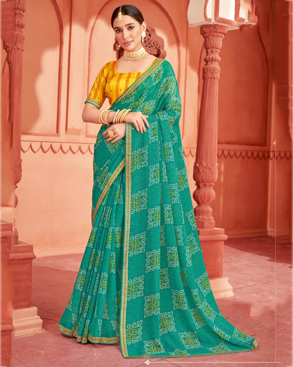 Vishal Prints Teal Blue Printed Chiffon Bandhani Print Saree With Zari Border