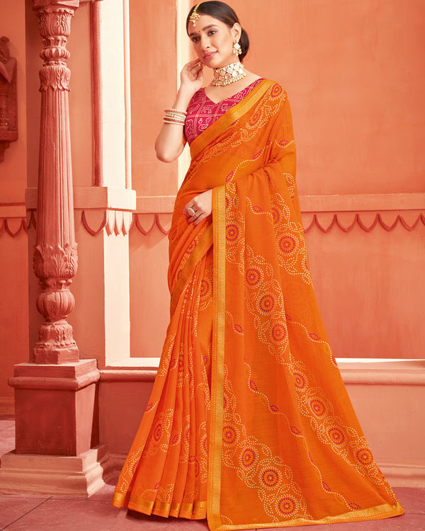 Vishal Prints Orange Printed Chiffon Bandhani Print Saree With Fancy Border