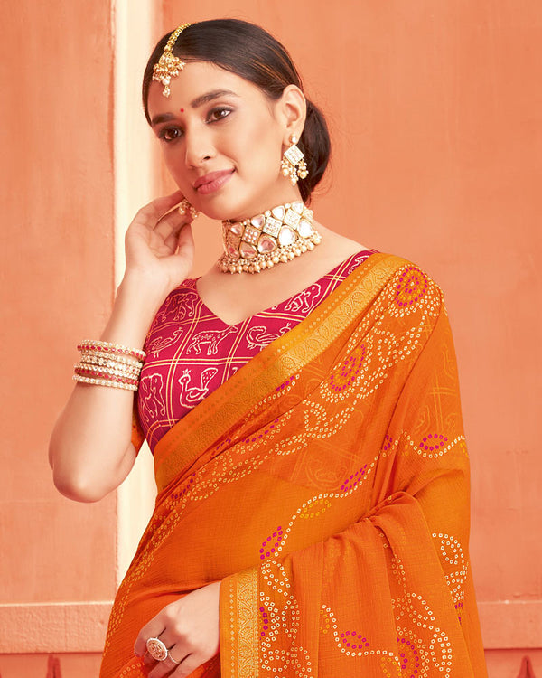 Vishal Prints Orange Printed Chiffon Bandhani Print Saree With Fancy Border