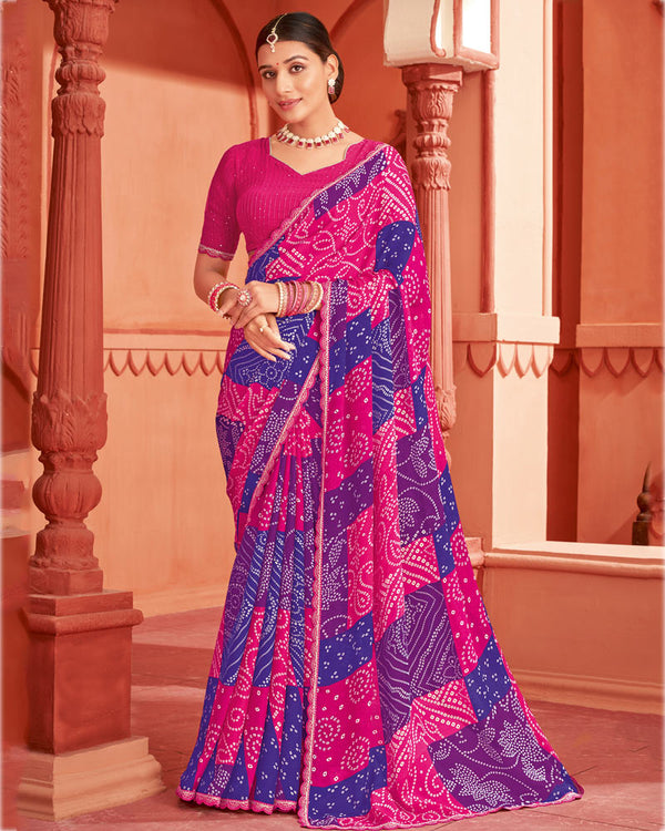 Vishal Prints Cerise Red Printed Chiffon Bandhani Print Saree With Cut Work Border