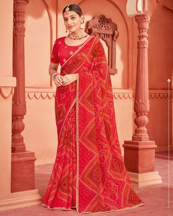 Vishal Prints Amaranth Red Printed Chiffon Bandhani Print Saree With Fancy Border