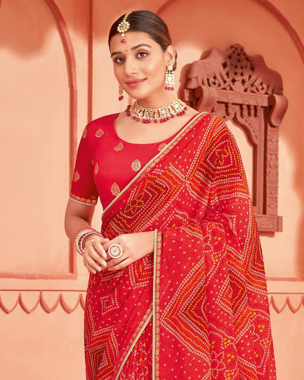 Vishal Prints Amaranth Red Printed Chiffon Bandhani Print Saree With Fancy Border