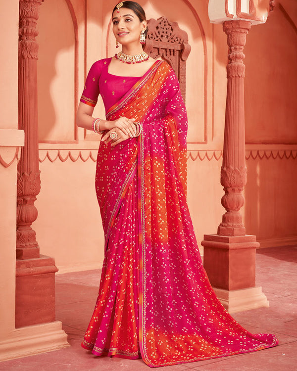 Vishal Prints Amaranth Pink Printed Chiffon Bandhani Print Saree With Fancy Border