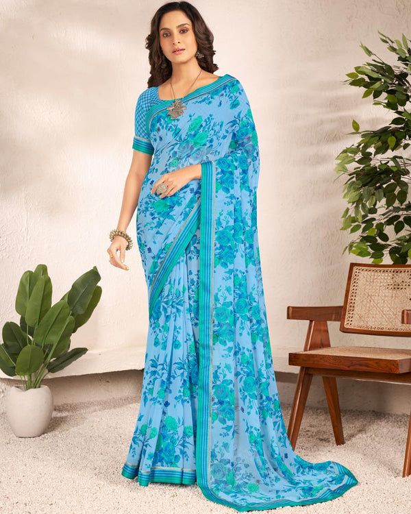 Vishal Prints Cornflower Blue Printed Georgette Saree With Satin Border