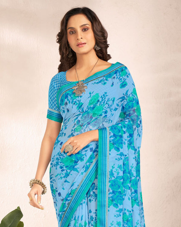 Vishal Prints Cornflower Blue Printed Georgette Saree With Satin Border