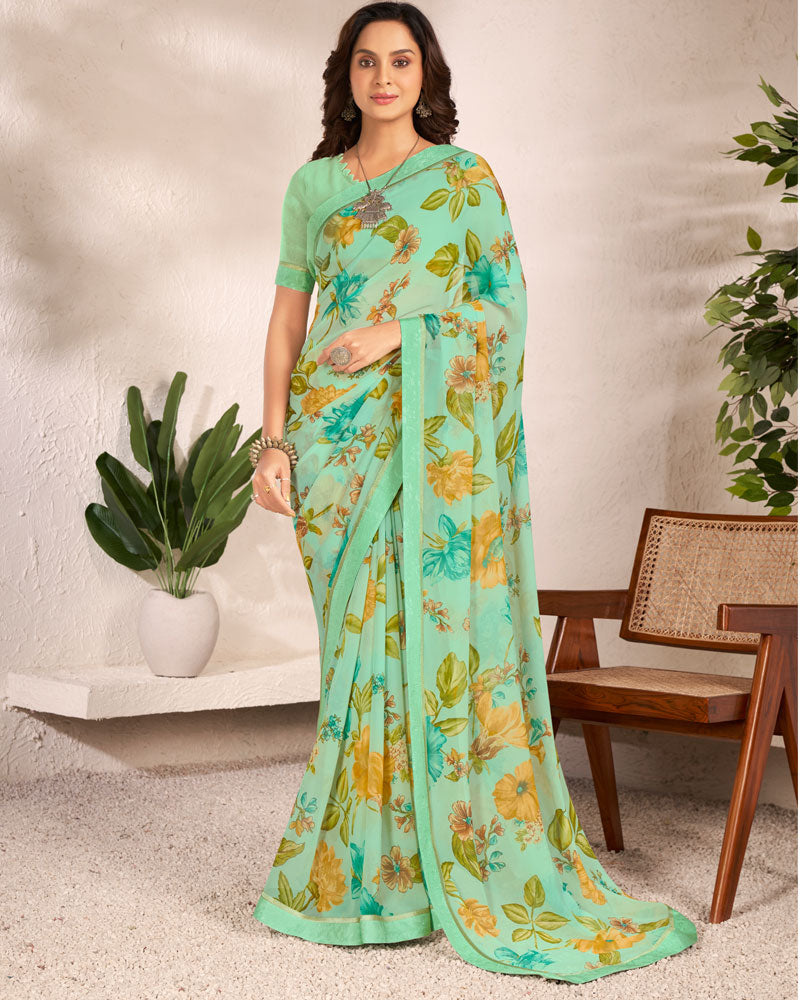 Vishal Prints Sea Green Printed Georgette Saree With Satin Border