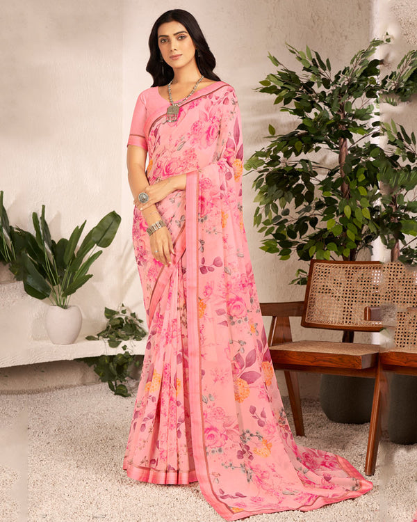 Vishal Prints Rose Pink Printed Georgette Saree With Satin Border