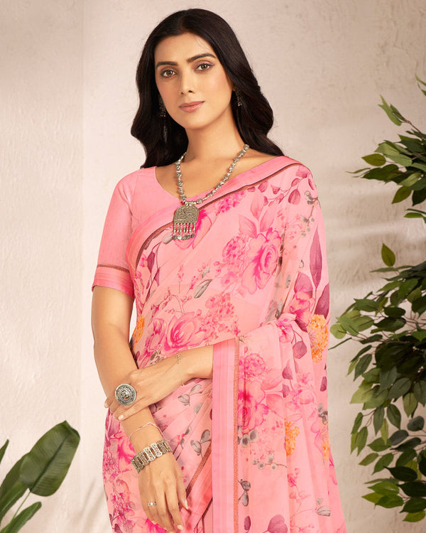 Vishal Prints Rose Pink Printed Georgette Saree With Satin Border