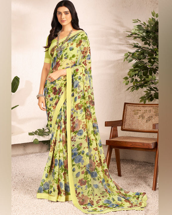 Vishal Prints Light Yellow Printed Georgette Saree With Satin Border