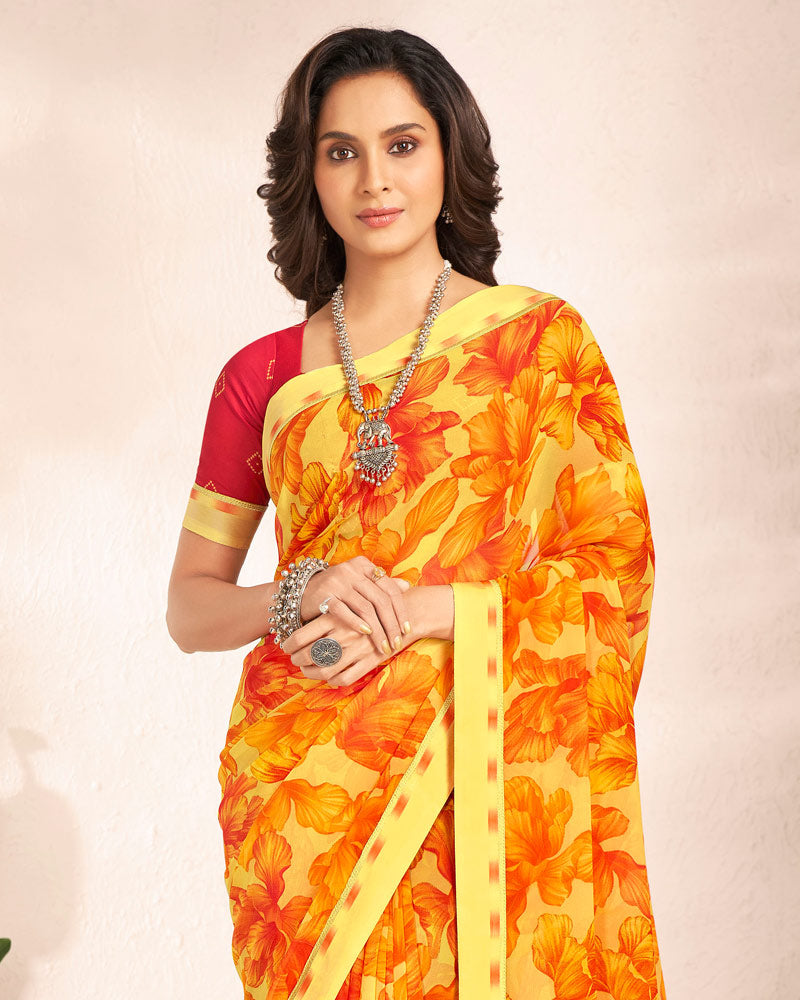 Vishal Prints Light Yellow Printed Georgette Saree With Satin Border