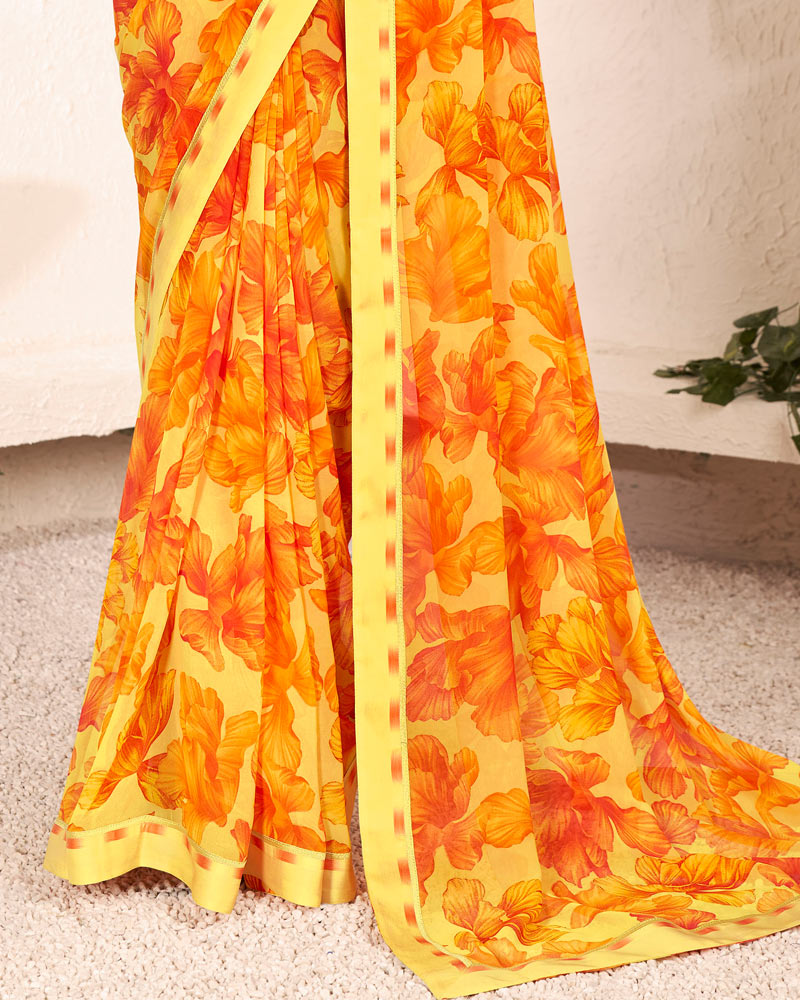 Vishal Prints Light Yellow Printed Georgette Saree With Satin Border