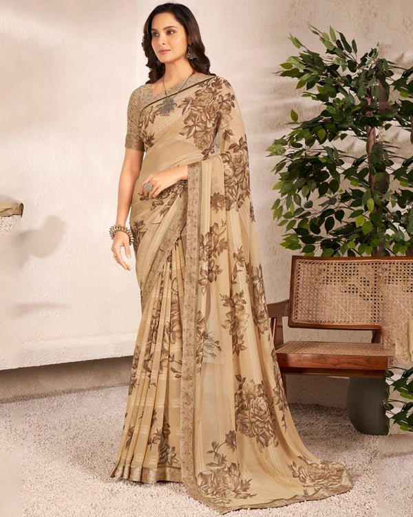 Vishal Prints Tan Brown Printed Georgette Saree With Satin Border