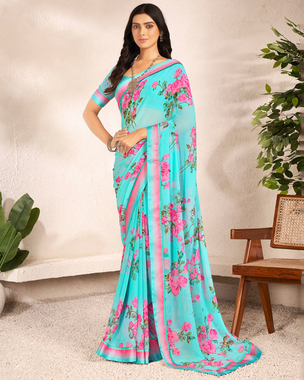 Vishal Prints Pastel Teal Blue Printed Georgette Saree With Satin Border