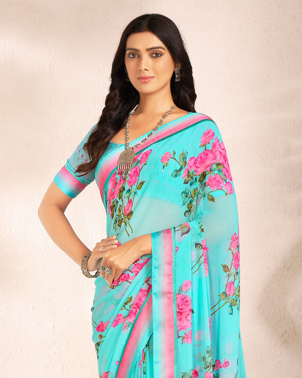 Vishal Prints Pastel Teal Blue Printed Georgette Saree With Satin Border