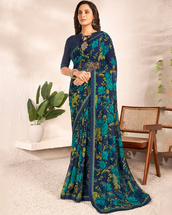 Vishal Prints Navy Blue Printed Georgette Saree With Satin Border