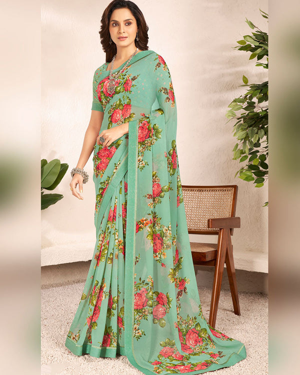 Vishal Prints Mist Green Printed Georgette Saree With Satin Border