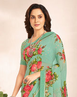 Vishal Prints Mist Green Printed Georgette Saree With Satin Border