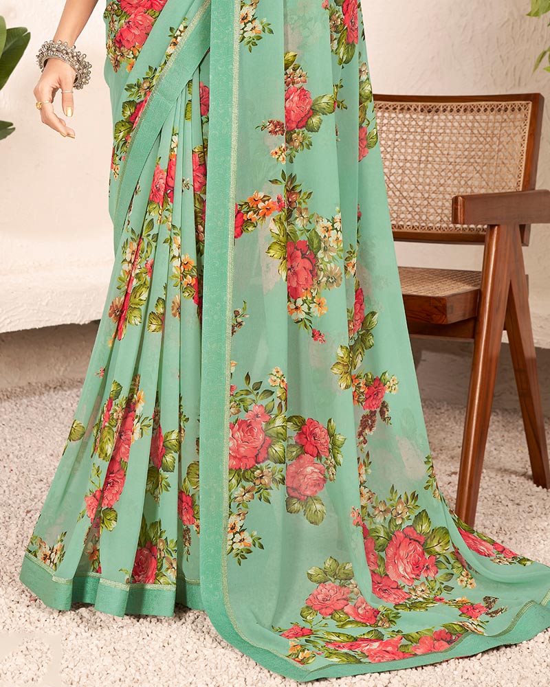 Vishal Prints Mist Green Printed Georgette Saree With Satin Border