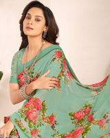 Vishal Prints Mist Green Printed Georgette Saree With Satin Border