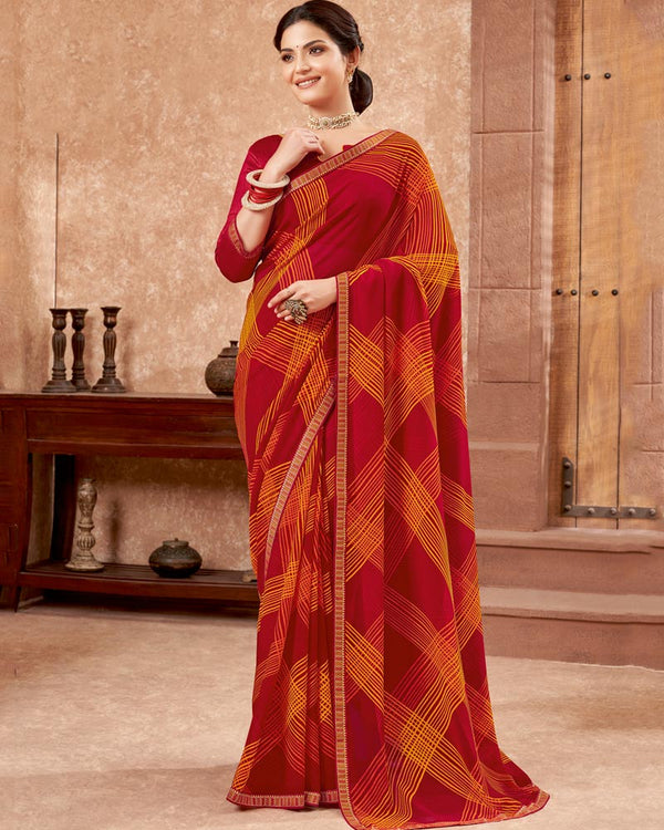 Vishal Prints Red And Yellowish Orange Printed Georgette Saree With Zari Border