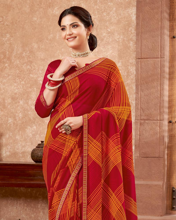 Vishal Prints Red And Yellowish Orange Printed Georgette Saree With Zari Border