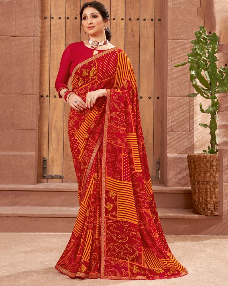 Vishal Prints Red And Yellowish Orange Printed Georgette Saree With Zari Border