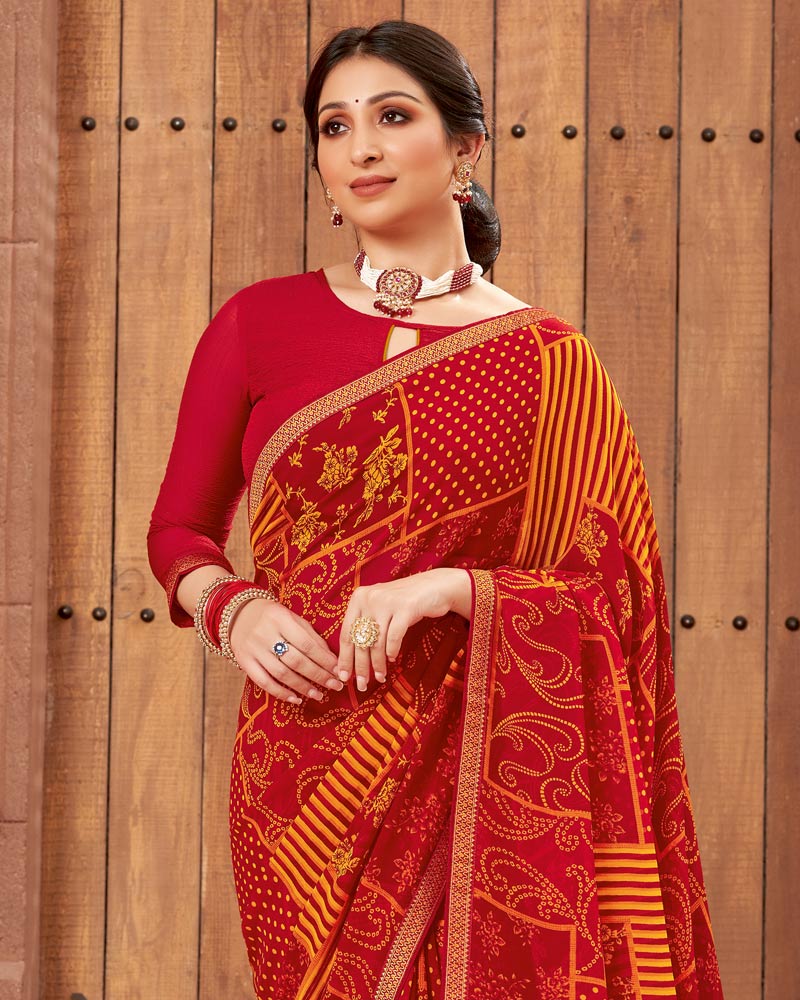 Vishal Prints Red And Yellowish Orange Printed Georgette Saree With Zari Border